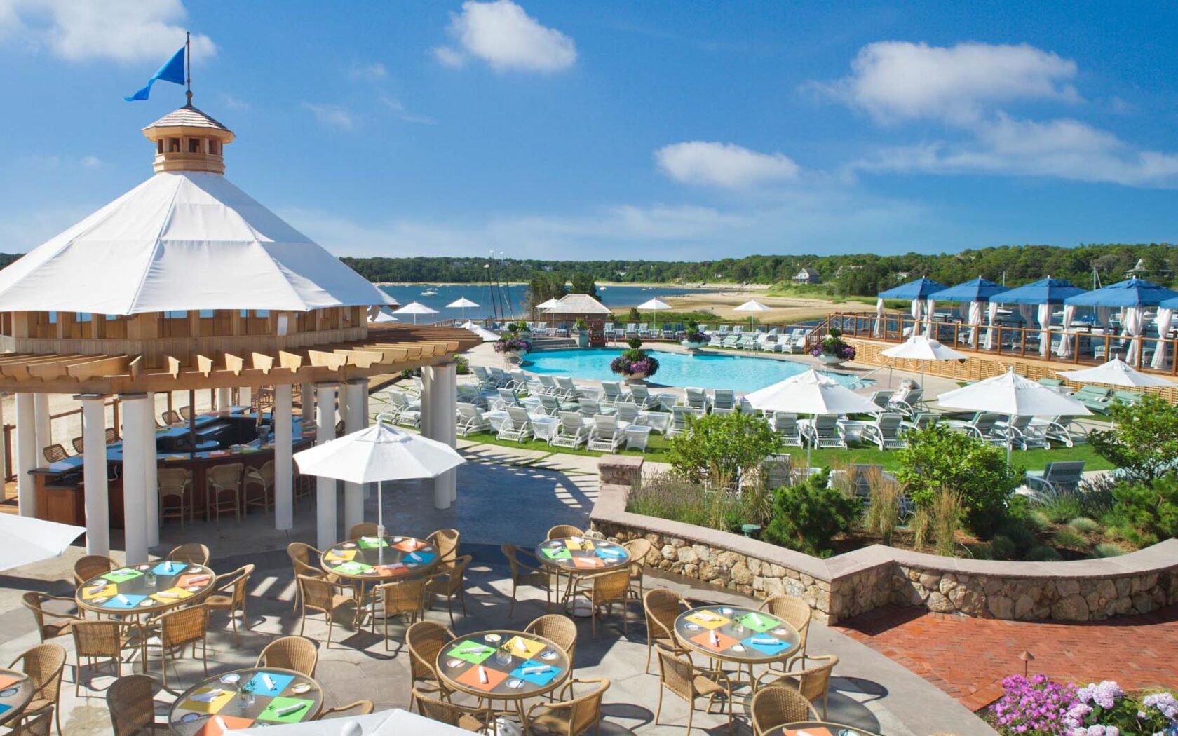 Looking down on pool and cabana.