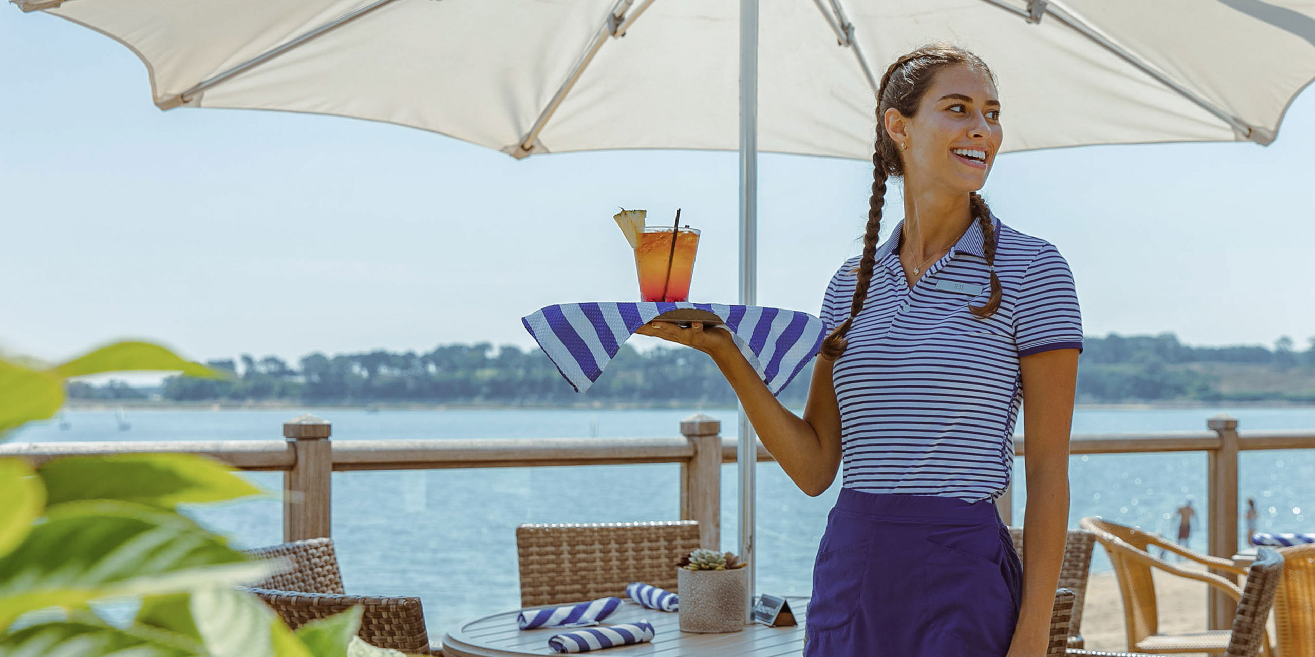 Beach umbrella and server.